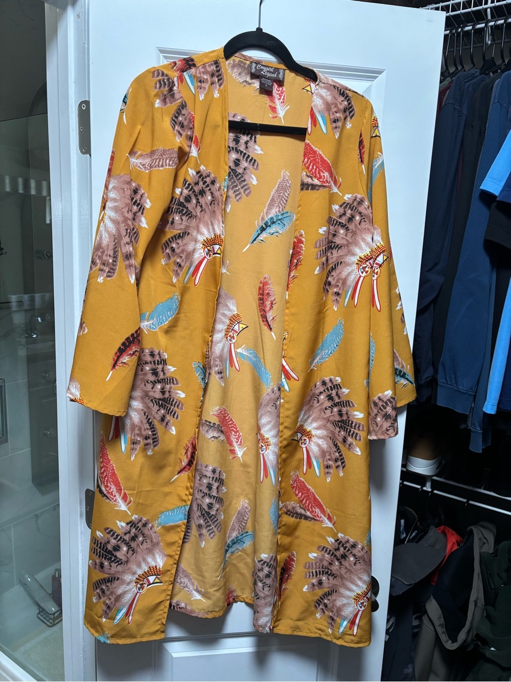 Cowgirl Legend Mustard Feather Print Duster Coat